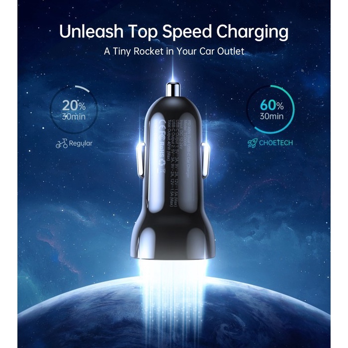 Choetech TC0008 Car Charger Mobil 40W 20W Dual USB Type C PD QC