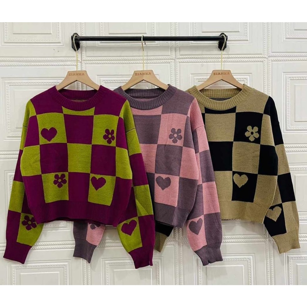 SWEATER RAJUT CROP MOTIF KOTAK LOVE SWEATER TERBARU - CROP TOP - BAHAN RAJUT PREMIUM - TERBARU