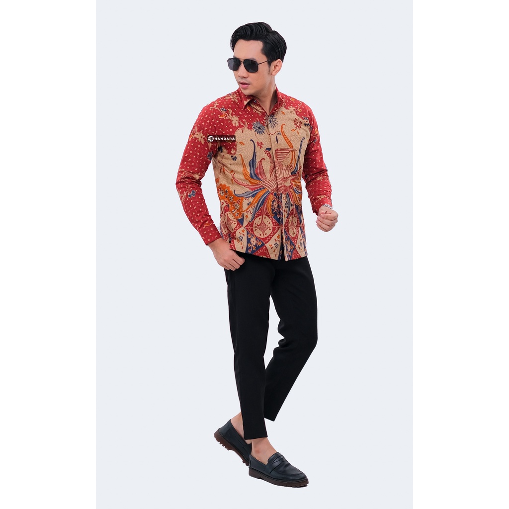 Handara Batik Pria Lengan Panjang Slim Fit Premium Kawung Wajik Merah HB-318