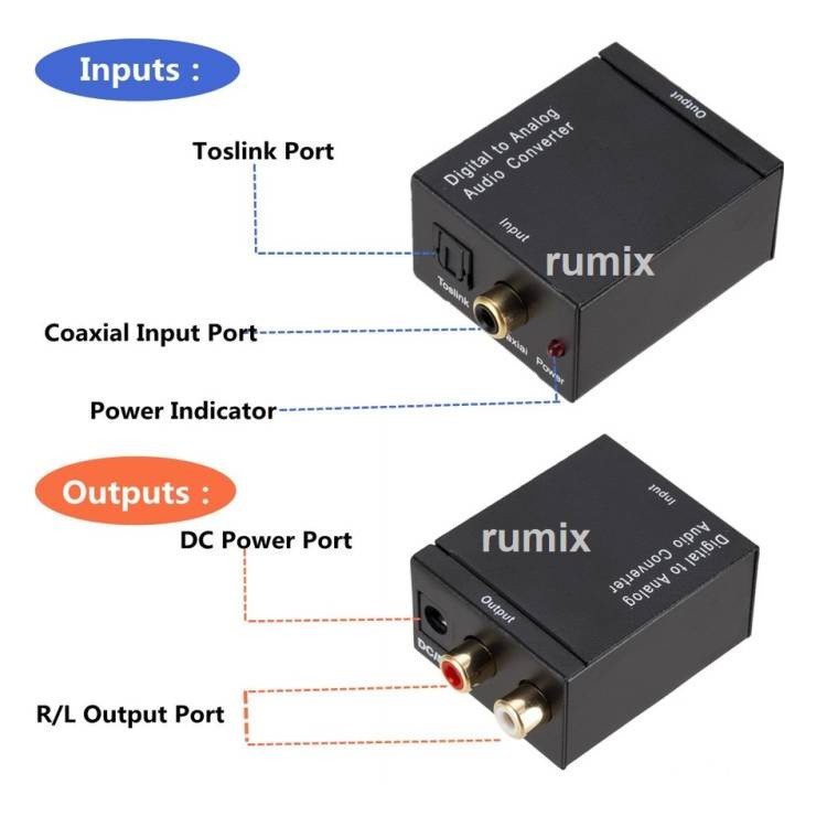 Digital to analog audio adaptor converter - optical coaxial toslink to rca 2 L/R audio