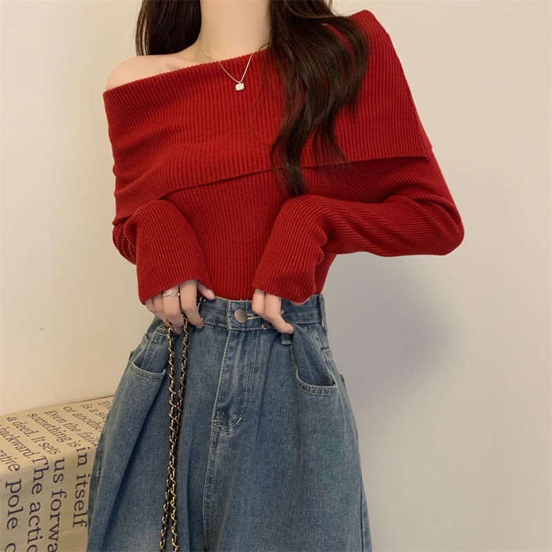 Musim Gugur Rajutan Sweater Wanita Rasa Desain Baru Niche Kemeja One-Shoulder Bottoming 2022 Net Red Hot Gaya lengan Panjang Tren Atas