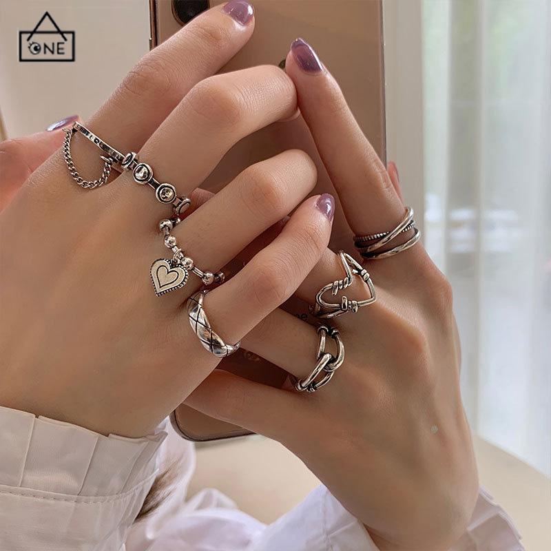 COD❤️7Pcs/Set Perhiasan Cincin Rantai Cinta Fashion Korea Vintage Adjustable Gaya Untuk Wanita-A.one