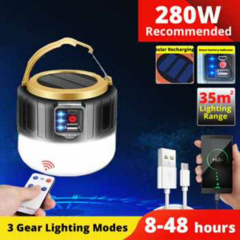 Senter Lampu Lentera LED 280 W Gantung Tenda Camping Lantern Solar Panel Tahan Lama Original