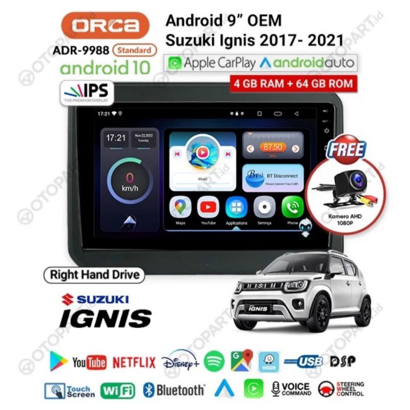 Head Unit Android 9 inch Suzuki Ignis Android ORCA RAM 4/64GB Apple Carplay