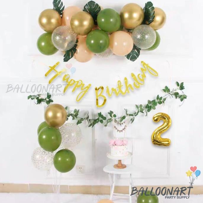 RETRO SAGE GREEN AND GOLD BIRTHDAY DECORATION SET/DEKORASI ULTAH ANAK