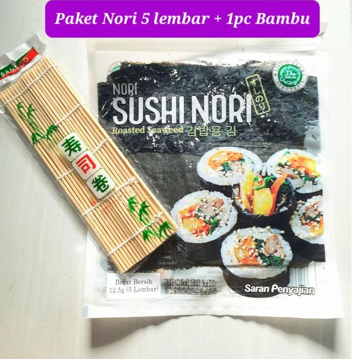 

Dijamin Miring harga.. paket nori sushi 5 lembar + bambu penggulung bambu sushi seaweed rumput laut sushi bento DLY