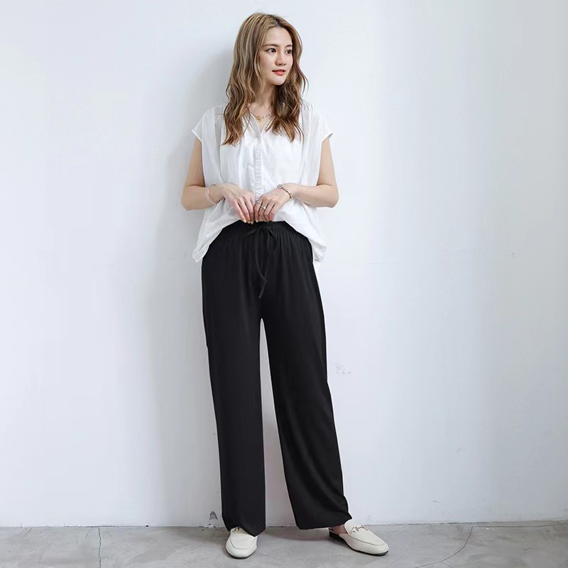 Stok bersih!Dasi Celana Wanita Kasual Longgar Sutra Es Wide Leg Long Pants