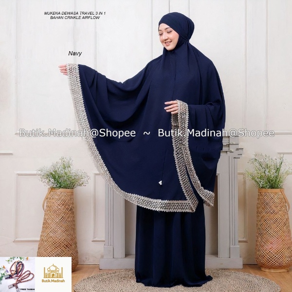 BUTIK.MADINAH MUKENA DEWASA CRINKEL AIRFLOW 3IN1 JUMBO RENDA IMPORT RASHEDA