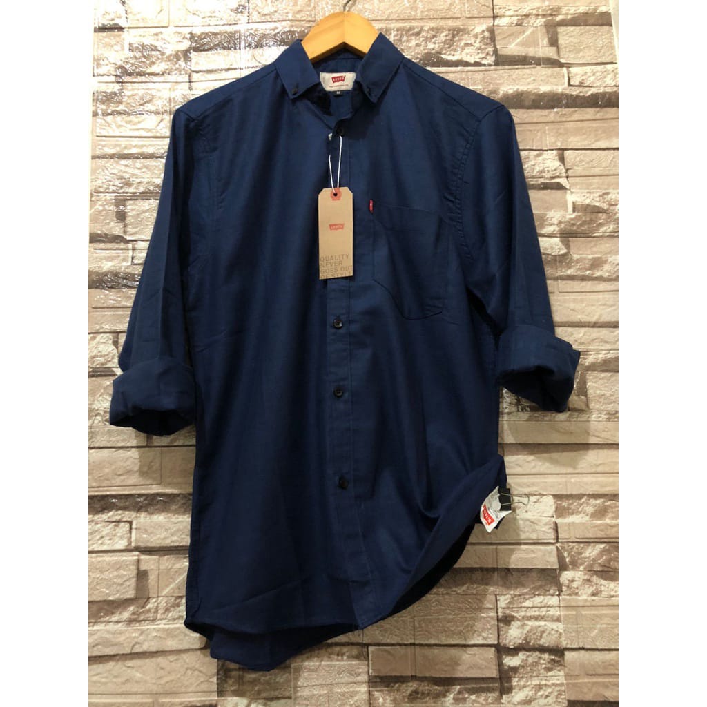 Terwuwu kemeja panjang pria cowok gatlemen cowok biru navy dongker polos formal kantor-Navy