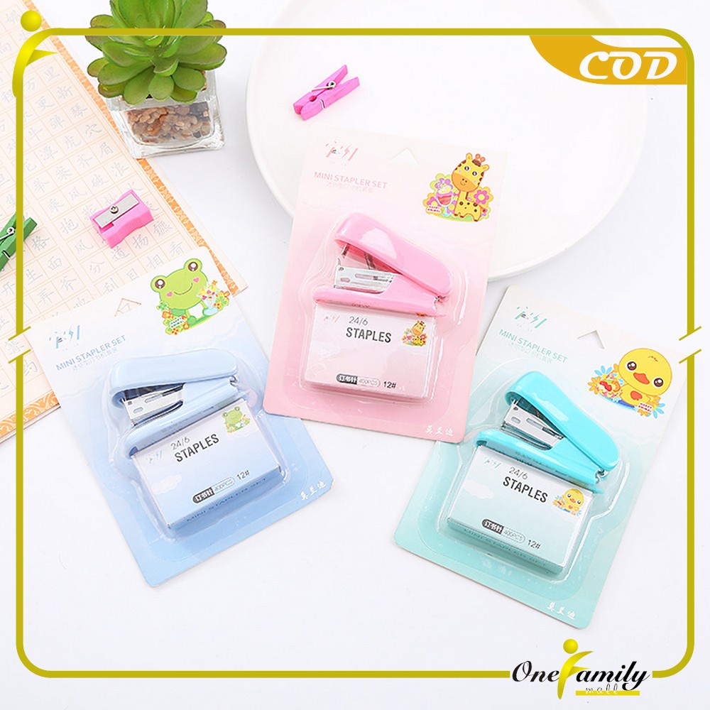 

ONE-A50 Staples Mini Set Karakter Animal Warna Pastel Portable / Stapler Kecil Set Isi Hekter 24/6 Stasionary Perlengkapan Kantor Import