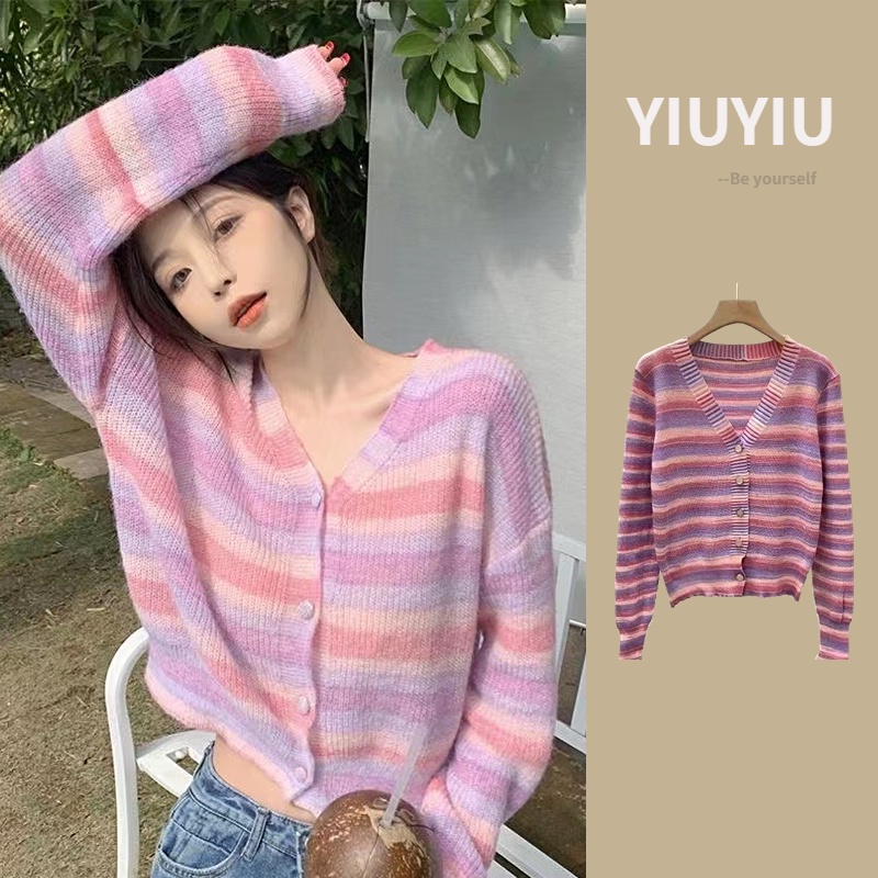 YIU YIU Rajut - Cardigan Rajut Korea Stripe Knit Cardigan Baju Rajut Wanita Lengan Panjang