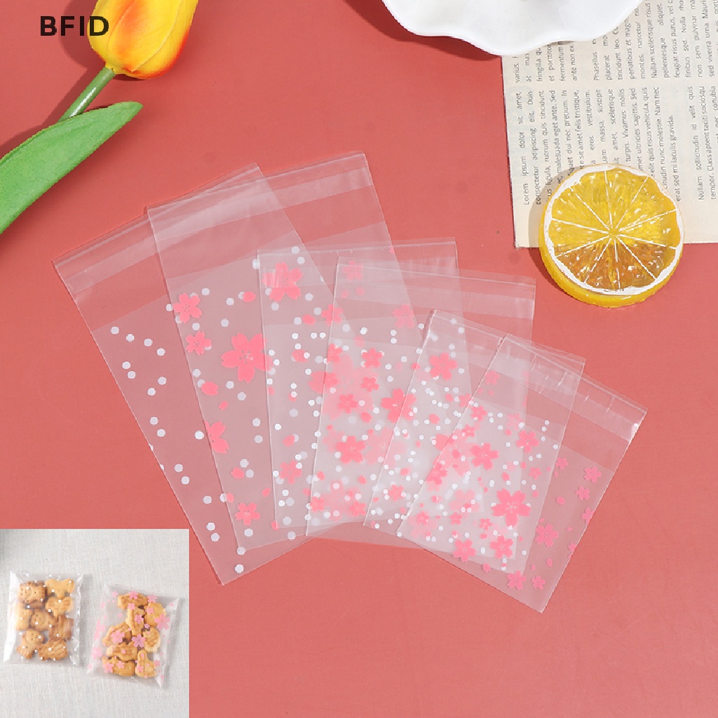 [BFID] 100pcs/set Dots Bunga Sakura Cookie Candy Bag Paket Plastik Tempat Hadiah [ID]