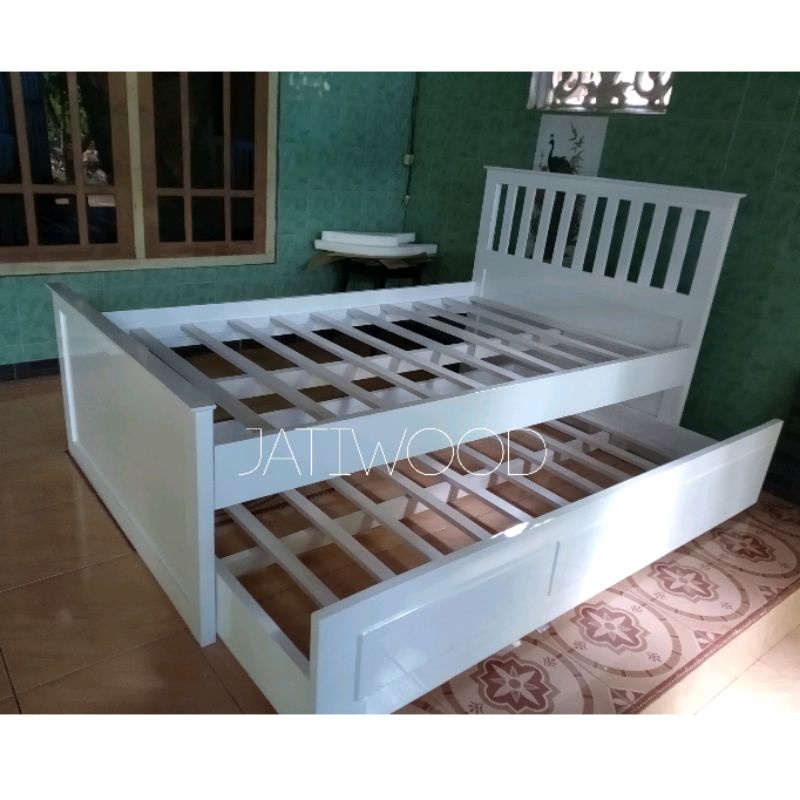 Dipan tempat tidur sorong 2 in 1 minimalis 120x200 duco putih terbaru Jepara