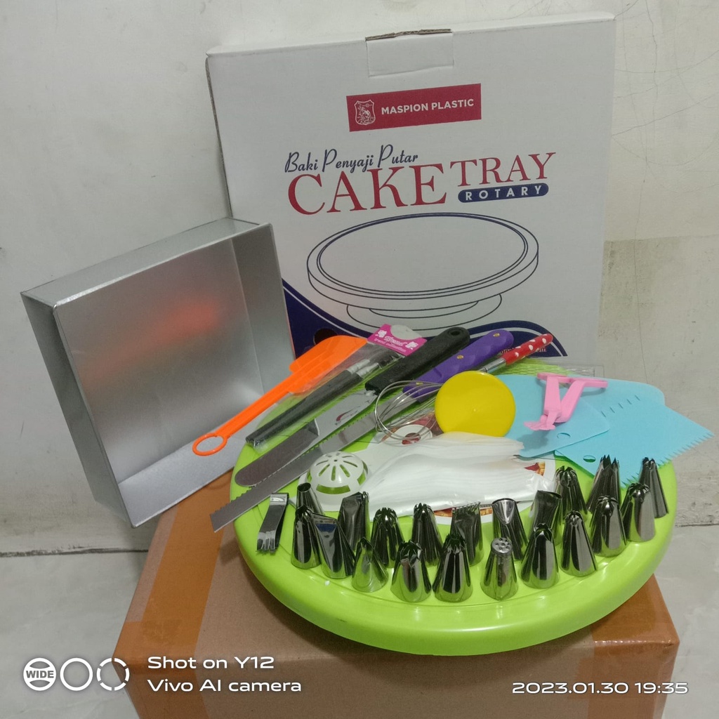 New Paket dekorasi kue / Meja putar set / Set Dekor Cake Tray  / Set Dekorasi Kue Ulangtahun Pernikahan Spatula Dan bonus Loyang Bulat, Kotak. Love Termurah