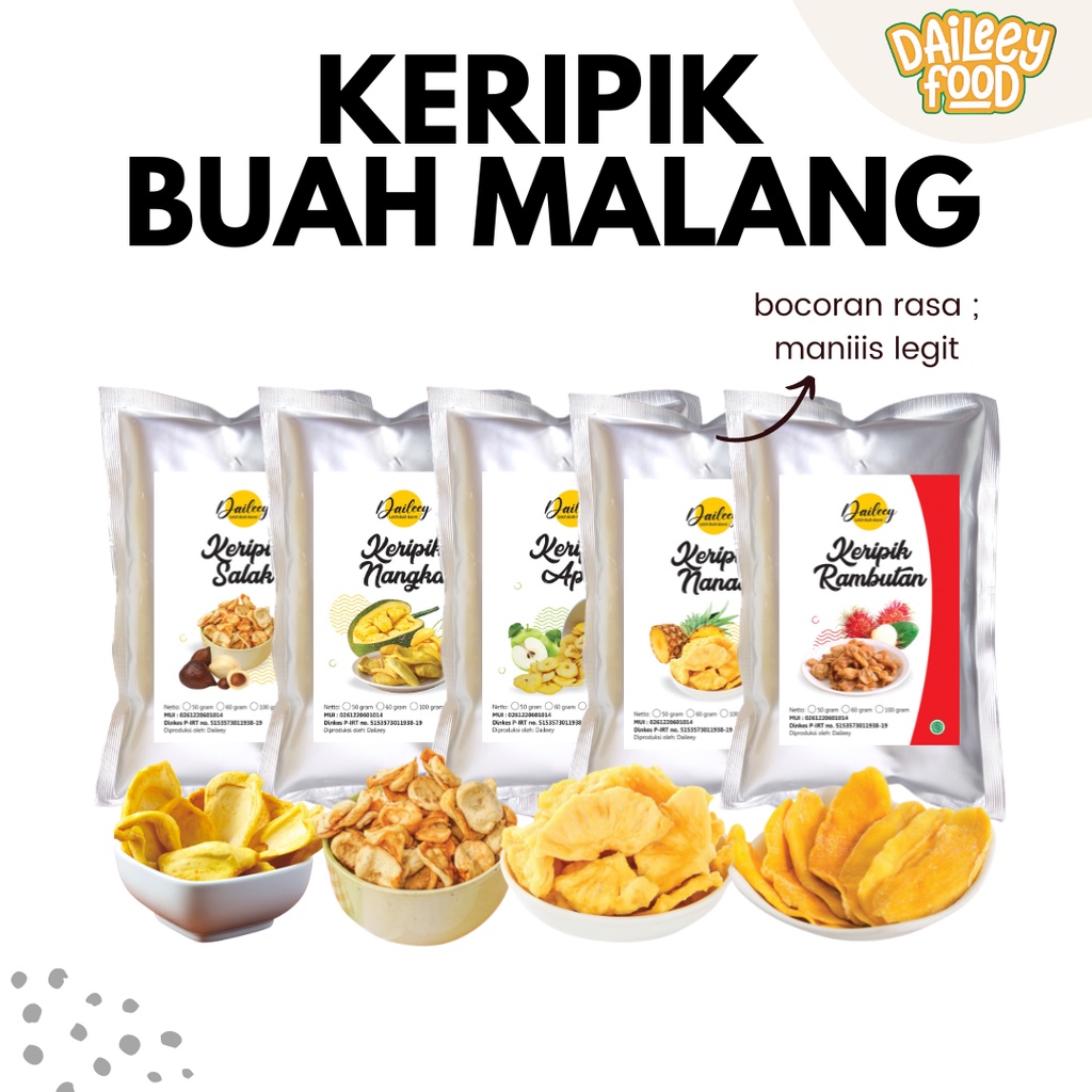 

KERIPIK BUAH 100 Gram Nangka Apel Salak Nanas Mangga Rambutan - Daileey Oleh2 Khas Malang