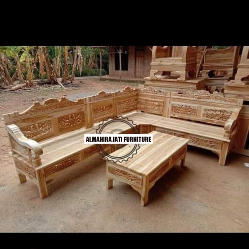 Meja kursi ruang tamu Sudut - Kursi tamu sudut jati - Meja tamu jati ukir sudut mentahan