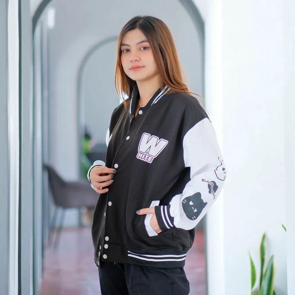 Jaket Varsity Baseball Base Ball CAT BLACK WHITE bisa untuk Wanita/Pria