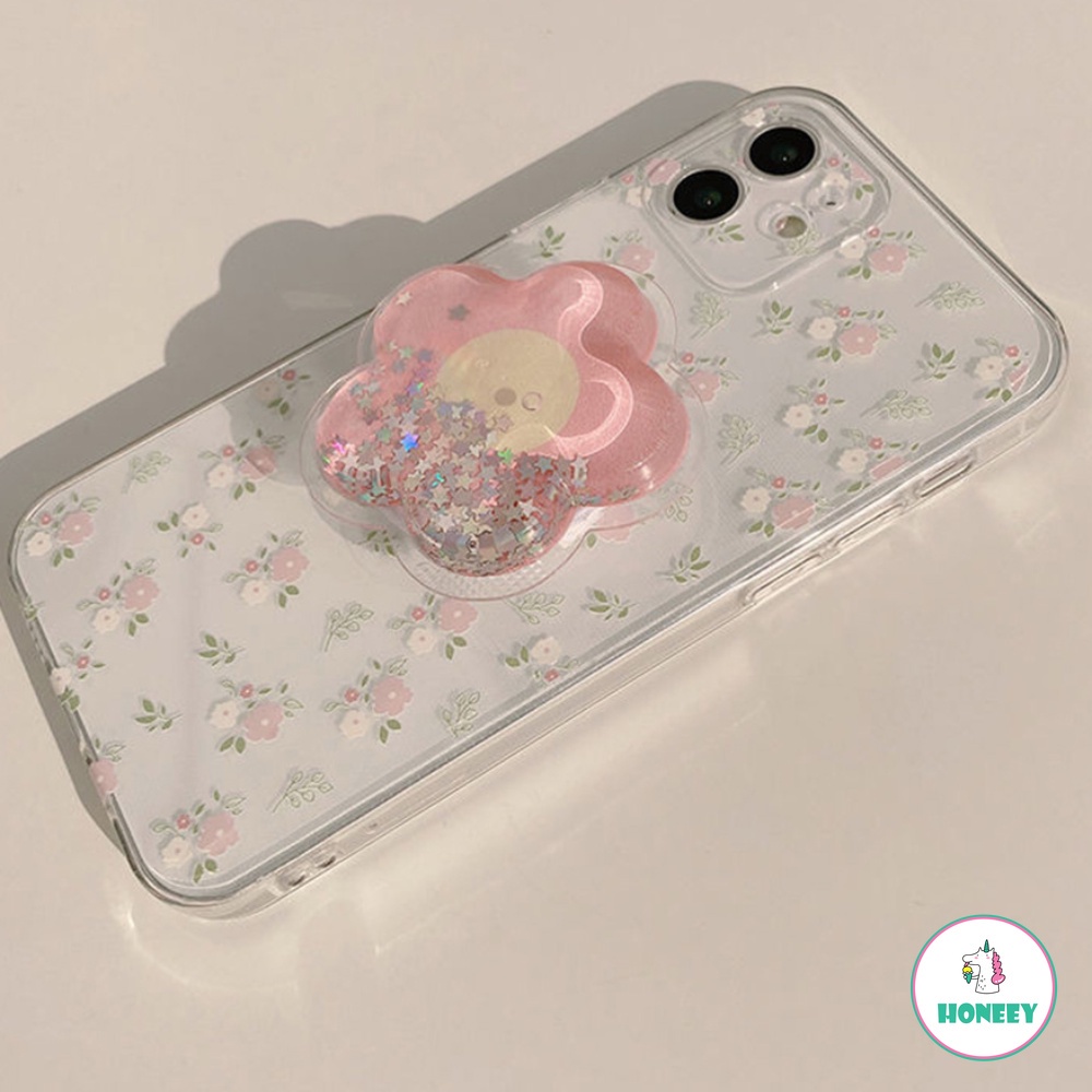 Spring Flower Sequin Quicksand Stand Holder Phone Case Kompatibel Untuk IPhone 14 13 12 11 Pro Max Clear Stand Mount Shockproof Soft TPU Back Phone Cover