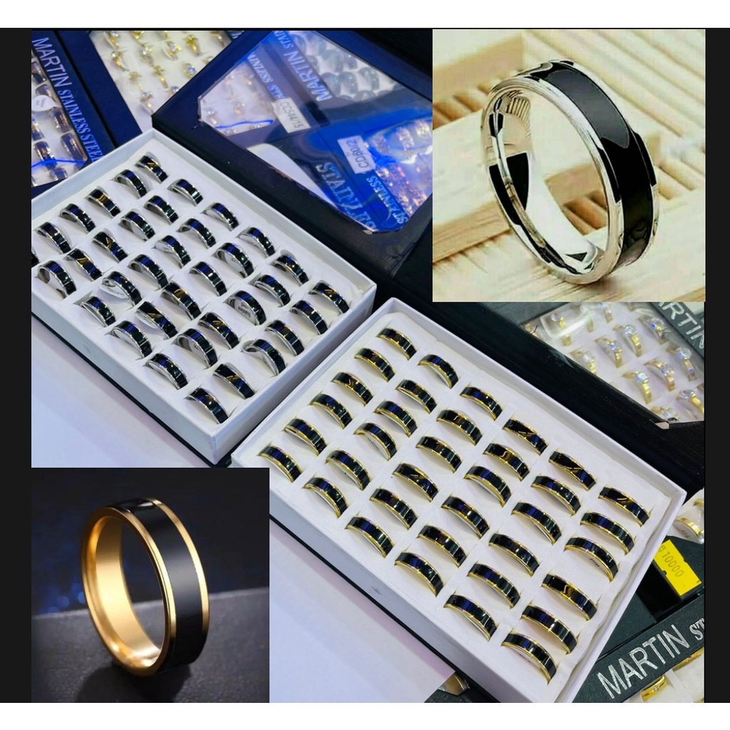 Cincin Couple Hitam Titanium 1Box isi 36Pcs Stainless Steel List Silver List Gold Dan Sisi Rata Polos 1 Box Anti Karat Selamanya Fashion Ring Partai Grosir