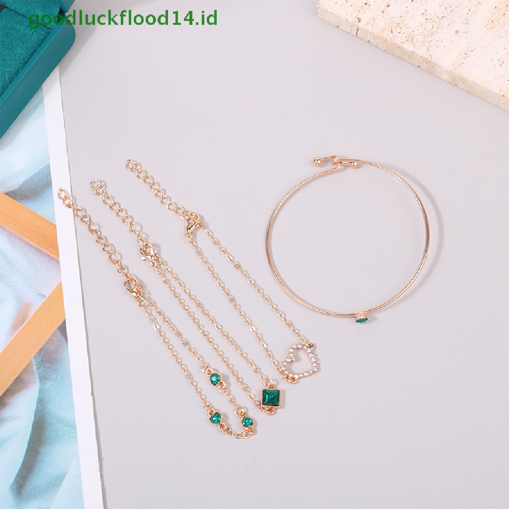 [GOOGFOUR] 4pcs/set Tergabung Batu Permata Hijau Gelang Set Perhiasan Untuk Wanita Gadis Jantung Gelang Pernikahan Pertunangan Gelang Fashion Pesta Perhiasan Hadiah [TOP]