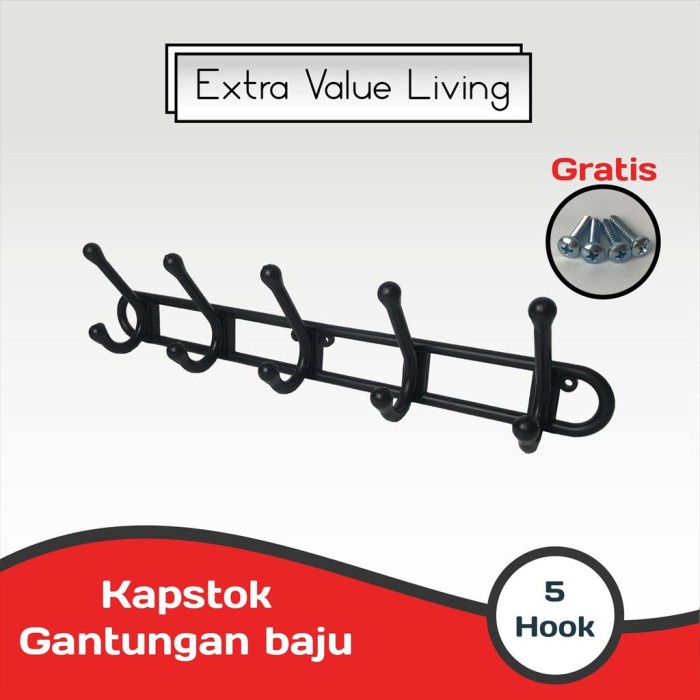 [St0K] Viento Kapstok Plastik 5 Hook Gantungan Baju Wall Hanger Hitam