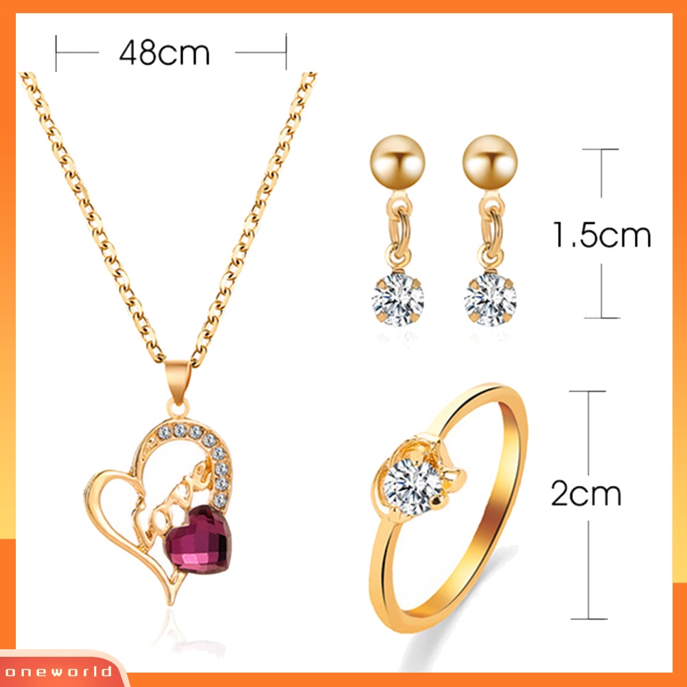 [oneworld] Cinta Hati Liontin Kalung Berlian Imitasi Hias Anting Cincin Wanita Set Perhiasan