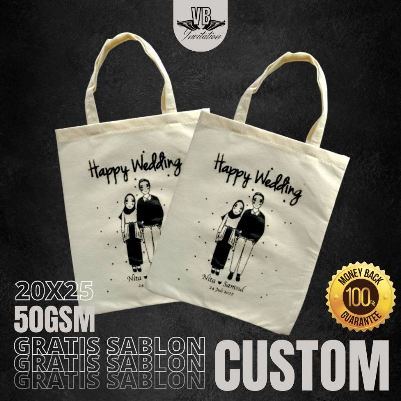 TAS SOUVENIR PERNIKAHAN BISA CUSTOM SABLON TERMURAH TERLARIS SIMPLE KEKINIAN 50GSM F 20X25