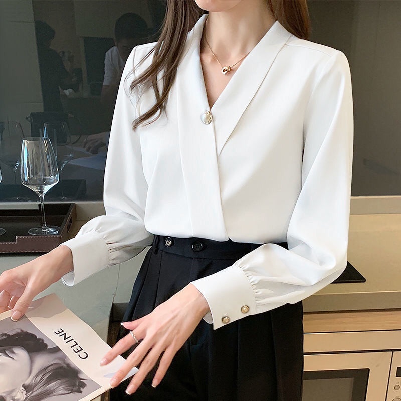 Red 2022 Baru Asetat Satin Kemeja Wanita Tempat Kerja Ringan dan Gaya Akrab Rasa Desain Niche Lengan Panjang Atas musim Gugur Profesional Wanita