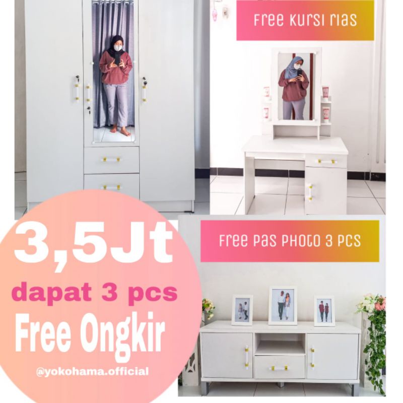 paket lengkap 3 pcs. meja rias + lemari 3 pintu + rak tv