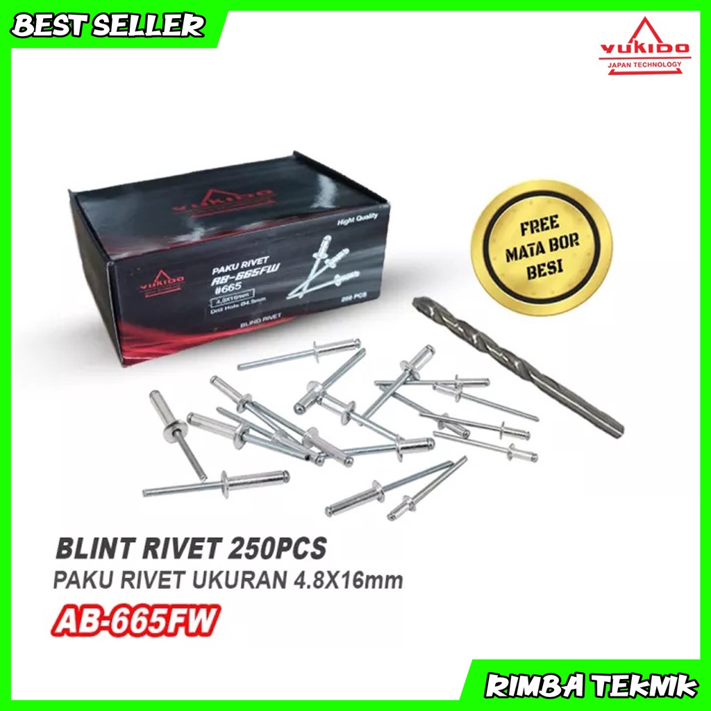 YUKIDO paku rivet 665 aluminium rivet tembak 4.8mm x 16mm isi 250 pcs free mata bor besi