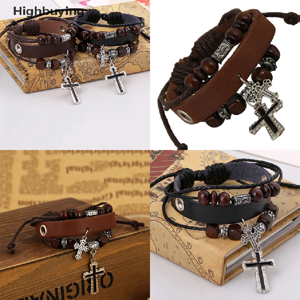 Hbid Hot Stylish Faux Leather Punk Gelang Bangle Salib Liontin Bungkus Gelang Glory