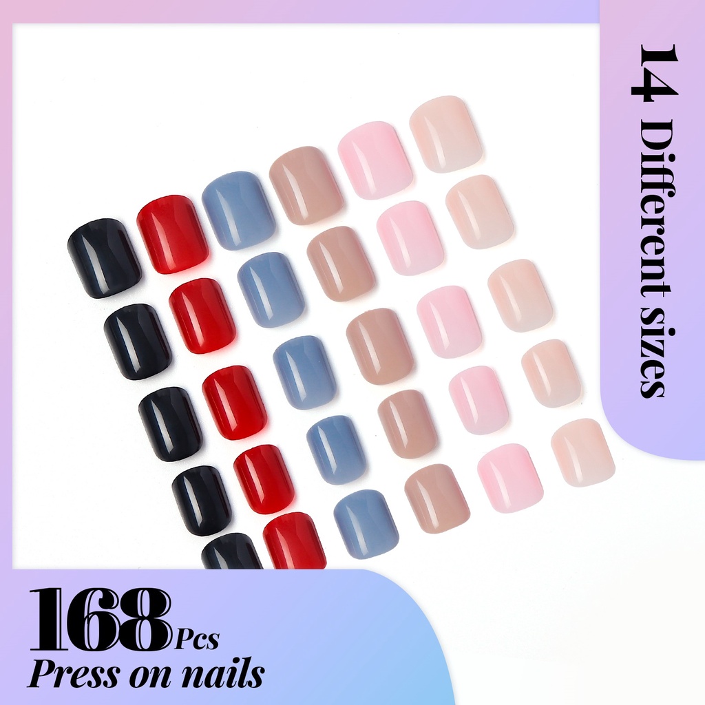 【1-3 Days Delivery】168PCS Foreverlily Nails in 14 Sizes 6 Colors High-Quality Kemasan StripPalsu Baru Fake Nails Palsu 3d Kuku Palsu Polos French Manicure Nail Beauty Tools