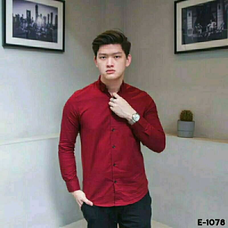 kemeja cowok polos pria lengan panjang slimfit / hem pria kantor putih hitam navy abu maroon army