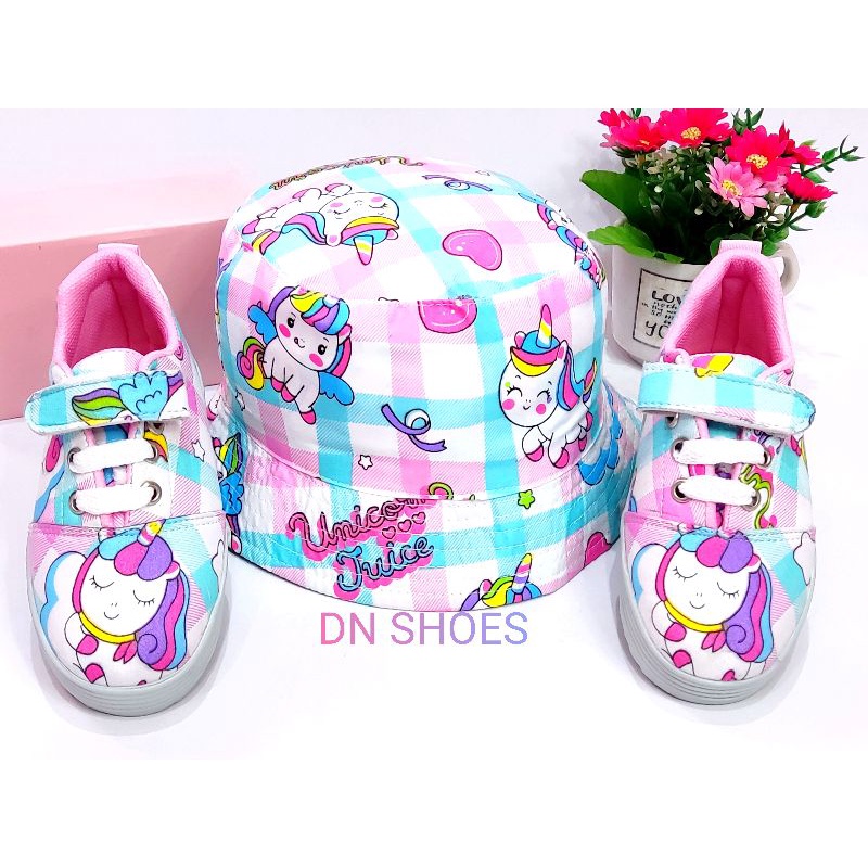 Paket Sneakers Anak Topi Bucket Anak Perempuan Paket Sepatu Tali Anak Topi Bucket Tali Hat Anak Perempuan Lucu Karakter Unicorn Tosca Pink Juice