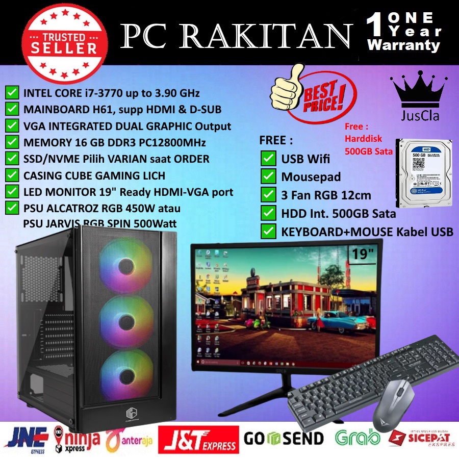 MONITOR 19&quot; + PC KOMPUTER FULLSET INTEL CORE i7-3770 3,6GHz 4Cores|RAM 16GB|SSD NVME 512GB|HDD 500GB SATA|KEY+MOUSE|WiFi, Komputer Rakitan, PC Admin/Office Baru Bergaransi 1 Tahun