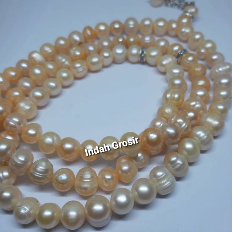 TASBIH MUTIARA ASLI BERKILAU 9MM 99BUTIR WARNA PEACH