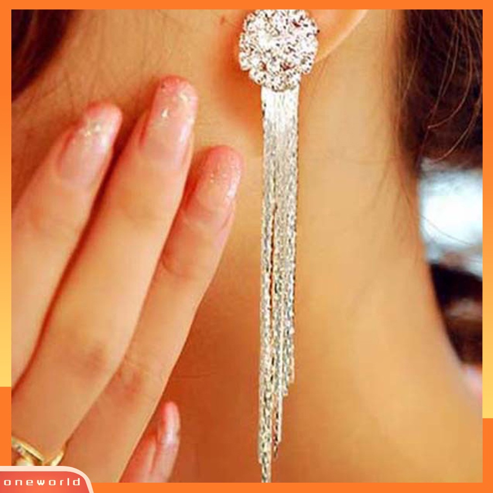 {oneworld} Wanita Berlian Imitasi Mengkilap Panjang Rumbai Menjuntai Stud Earrings Fashion Pengantin Perhiasan