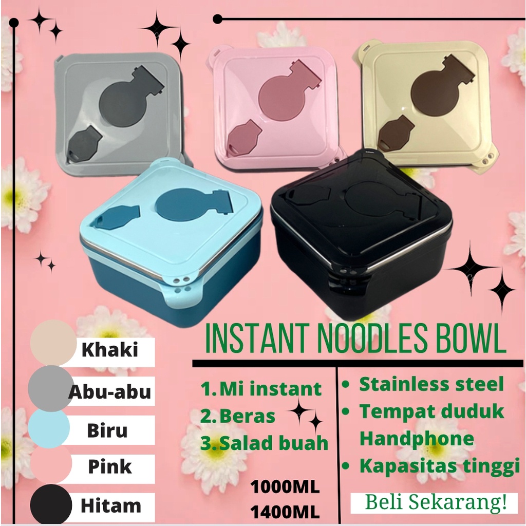 Tempat kotak makan mangkuk mie instan mangkuk mie baja tahan karat persegi ada 5 warna ukuran 1000-1400ml