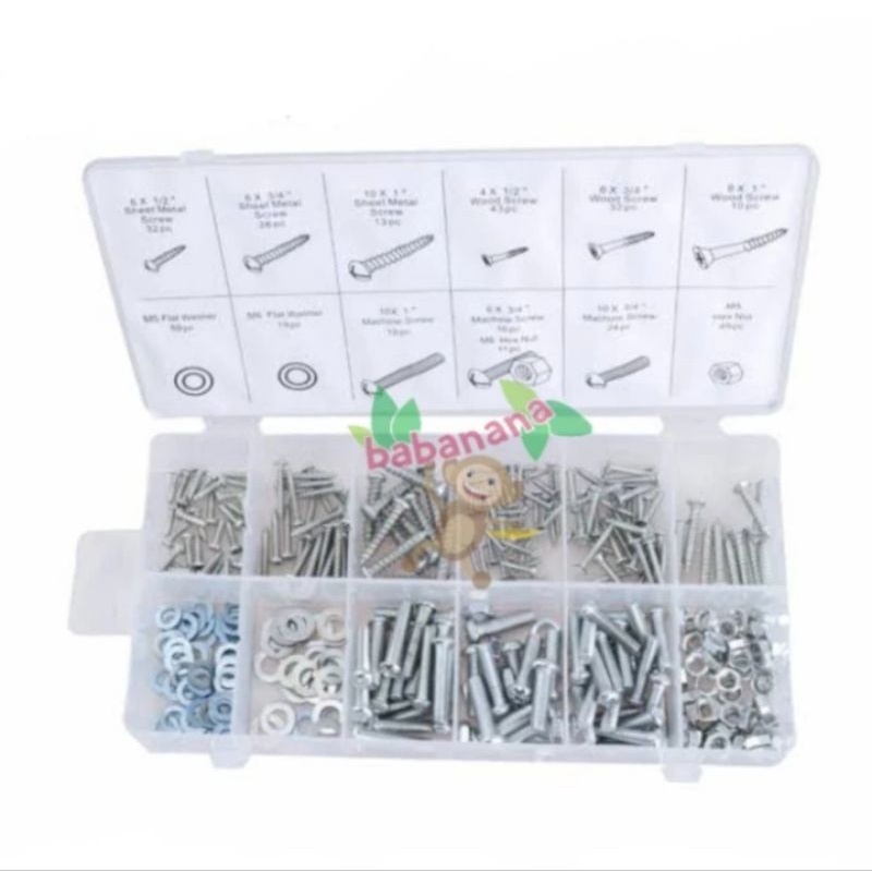 347 pcs baut mur washer campur sekrup nut ring set assortment kit