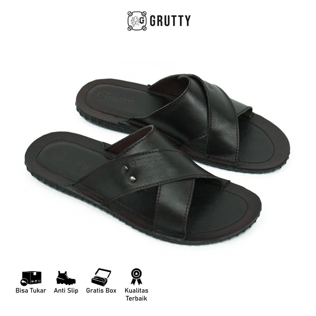 Sandal Pria Kulit Grutty DC023 ORIGINAL Sendal Slide Fashion Coklat