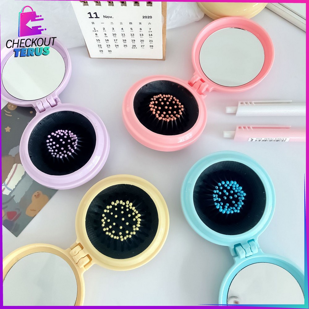 CT C767 Cermin Sisir Bulat Lipat Kaca Compact 2IN1 Praktis Anti Kusut Motif Karakter Lucu Portable Korean Style