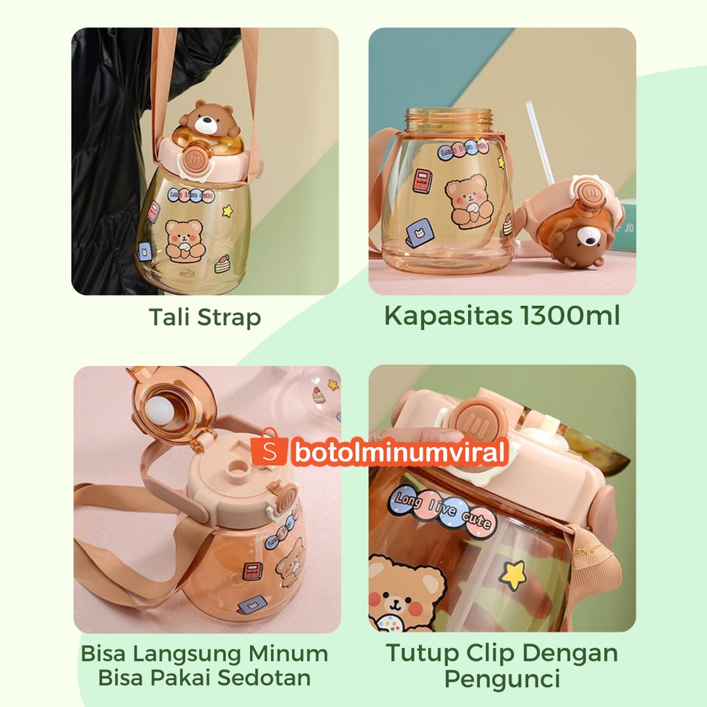 Botol Gemoy 1.3 liter Bening Viral Karakter Sedotan Tali Free Sticker Bear Rabbit Fox