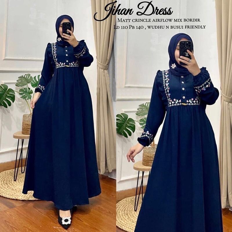 JIHAN DRESS GAMIS CRINKLE AIRFLOW PREMIUM DRESS WANITA TERBARU 2023 GAMIS WANITA BAHAN CRINGKLE APLIKASI BORDIR MEWAH