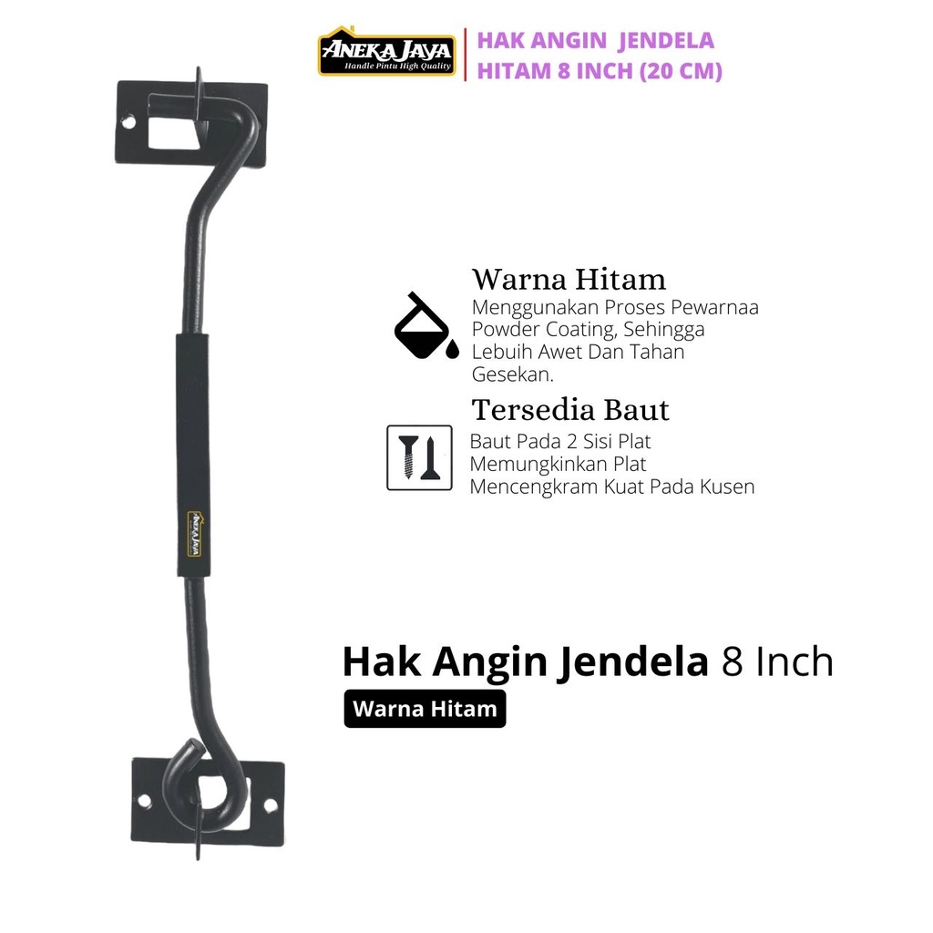 Hak Angin Hitam Doff Model Kotak Minimalis - Panjang 8 inch 20 cm - Penahan Jendela Pintu - Kait Jendela Window Hook