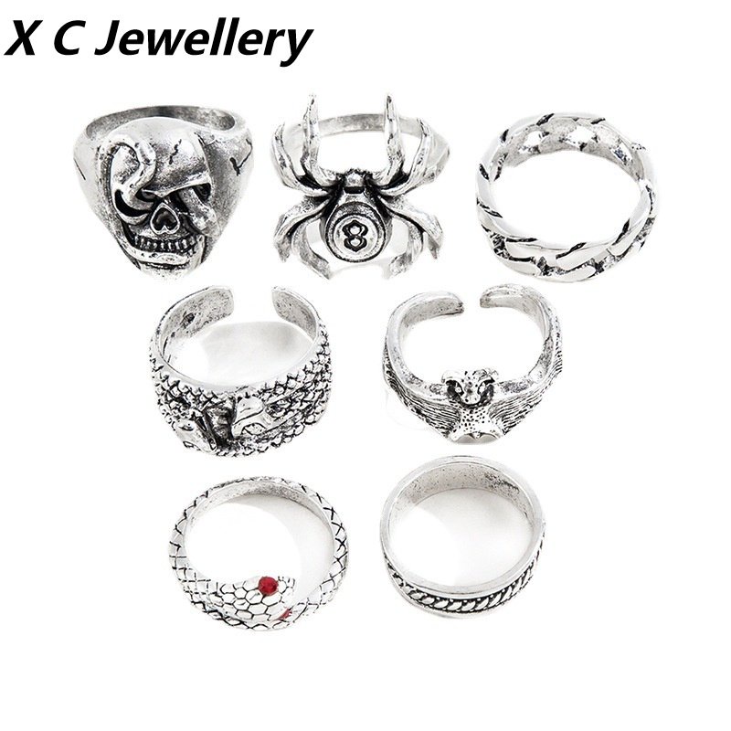 [X C Perhiasan] 7PC/1set Hip Hop Rock Retro Pria Fashion Pembukaan Cincin Gothic Pesta Perhiasan Aksesoris