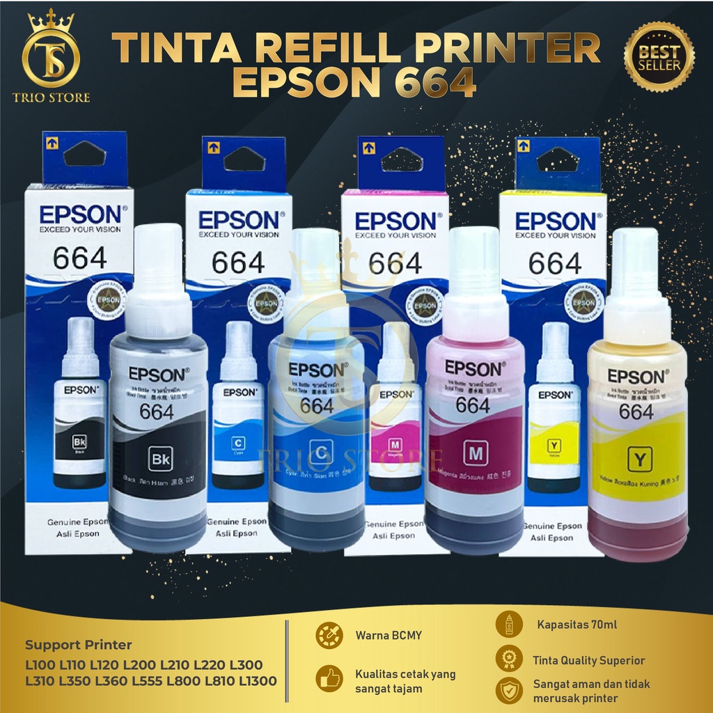 1 SET 4 PCS Tinta Epson 664 Premium For Printer L100 L110 L111 L120 L130 L132 L200 L210 L220 L222 L300 L310 L350 L351 L355 L360 L810 L850 L1300 L1800