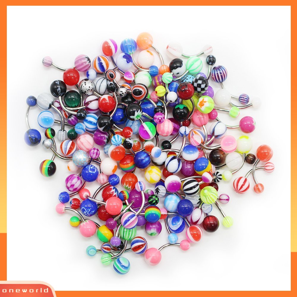 [oneworld] 100 Pcs Warna Campur Bola Pusar Pusar Pusar Cincin Barbel Perhiasan Tindik Tubuh