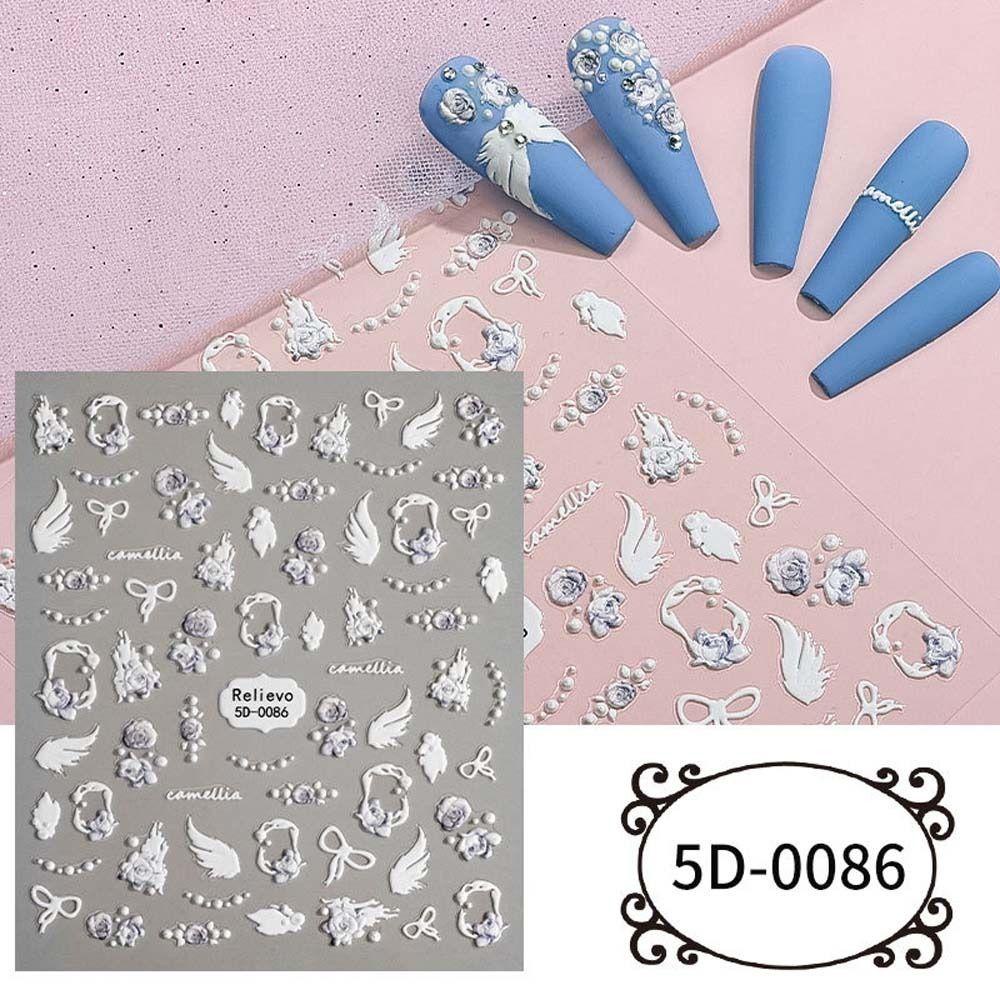 AUGUSTINA Agustina Bunga Stiker Kuku 5D Relief Fashion Rose Flowers Camelia Angel Self Adhesive Nail Art Dekorasi