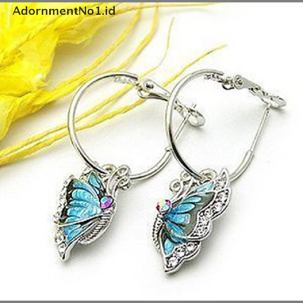 [AdornmentNo1] Fashion Lucu Kupu-Kupu Biru Kristal Perak Disepuh Hoop Huggie Earrings [ID]