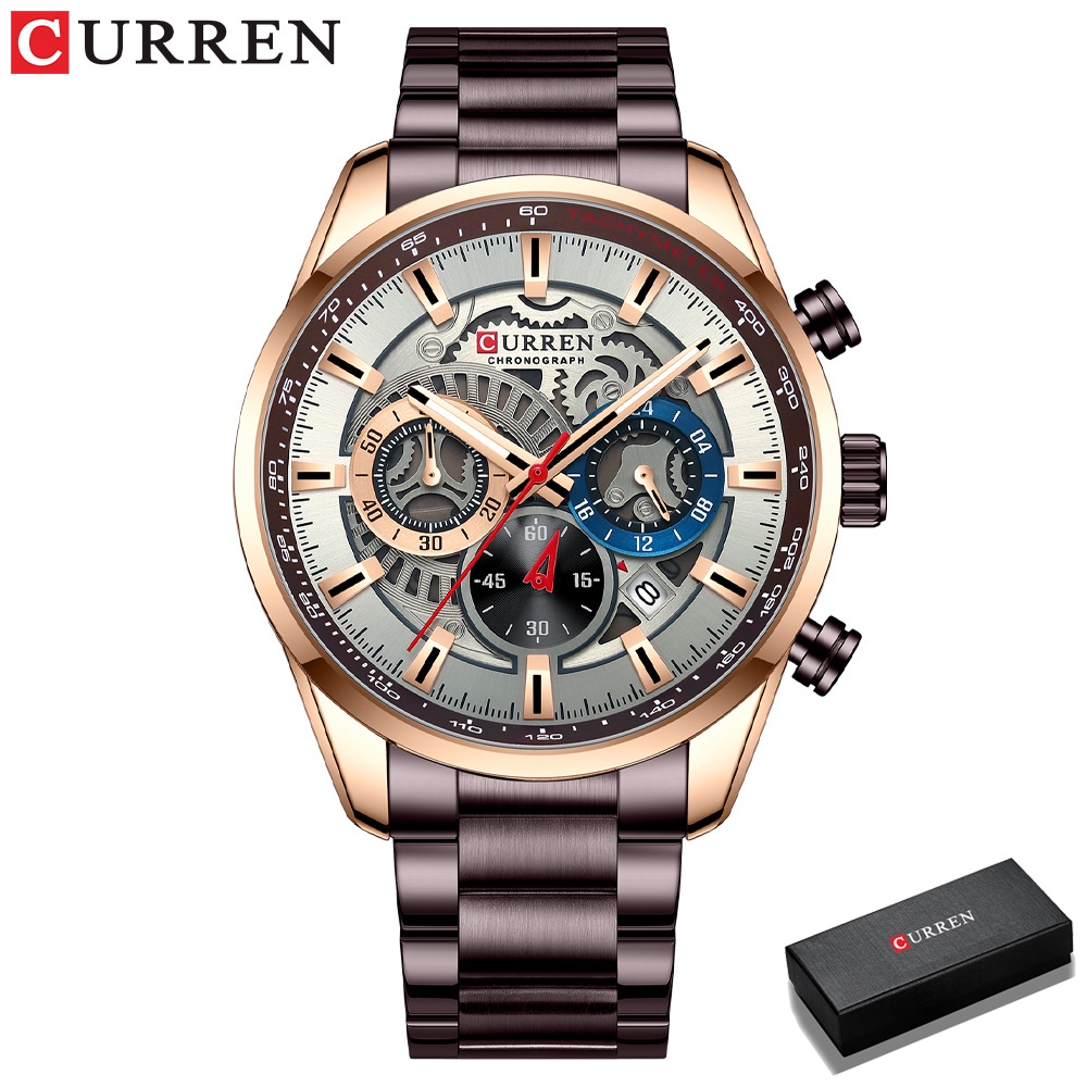 CURREN Jam Tangan Pria Anti Air Cowok Men Watches Waterproof Sports Stainless Steel Fashion Luminous Multifunction Chronograph Analog Baterai Watch [Real Three Eyes] Free Box